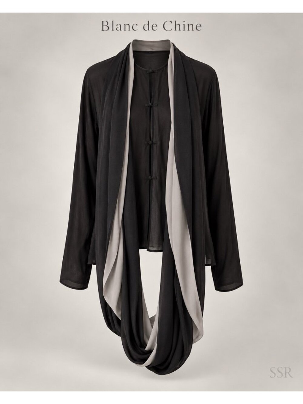 Blanc de Chine Black Gray Avant Garde Silk Draped Blouse Top Tunic Size 12